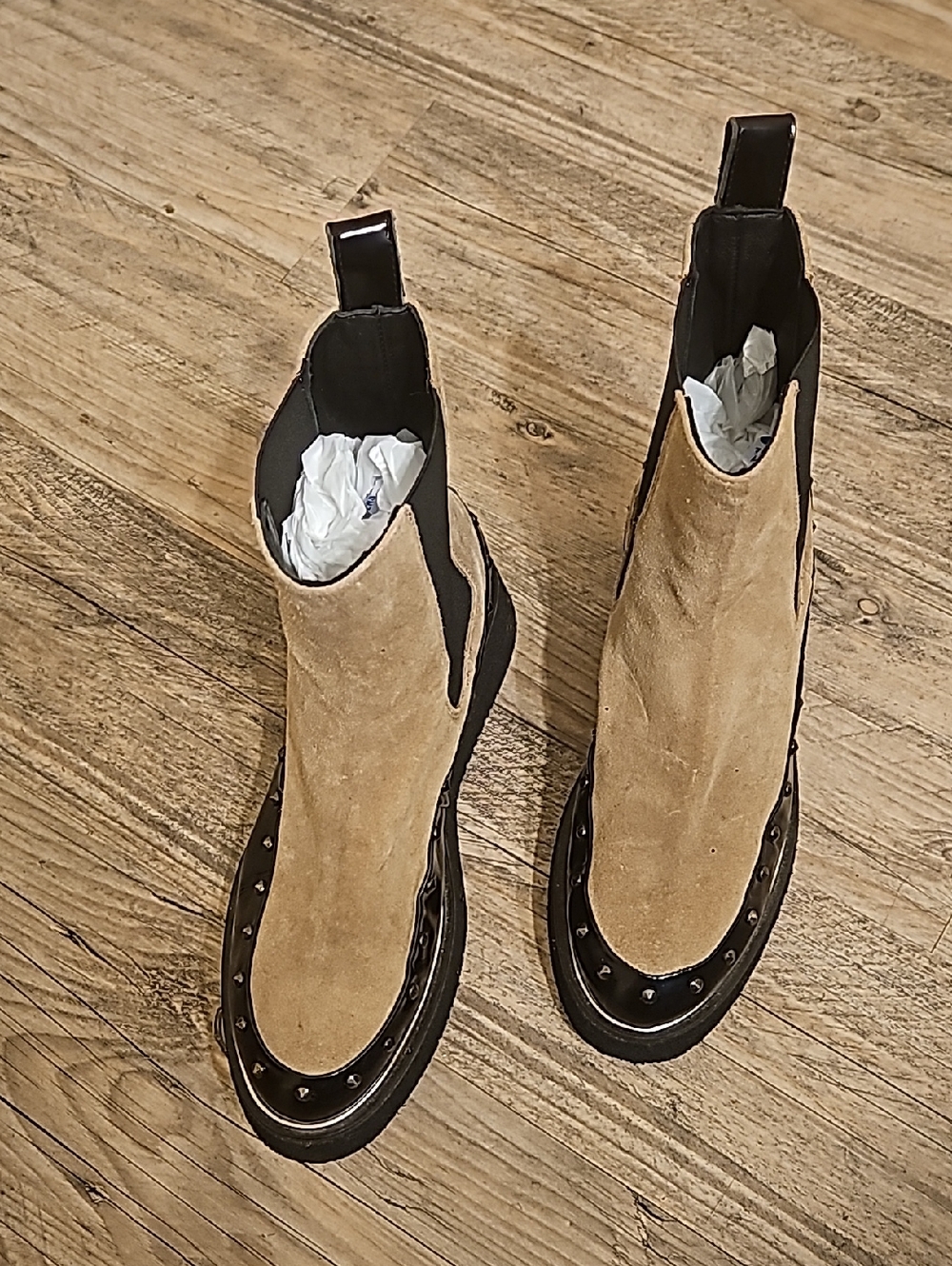 Pedro Anton Tan Suede Chelsea Ankle Boots with Black Trim
